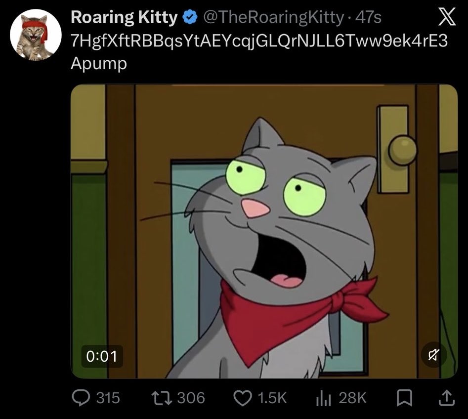 Roaring Kitty (@TheRoaringKitty) posting the $RKC contract address on May 11, 2026